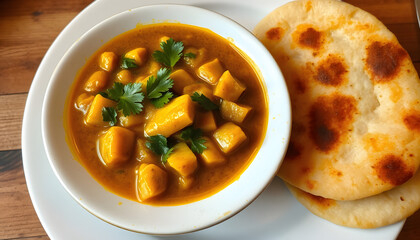 Flavorful cholar dal and tender patol aloo sabzi paired with crispy fried luchi or golden poori, authentic Bengali cuisine, dreamy atmosphere. isolated with white highlights