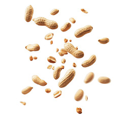 Whole and shelled peanuts floating and isolated on transparent background