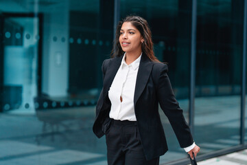 Confident businesswoman walking with purpose outside a modern office building during daylight hours in a bustling urban environment