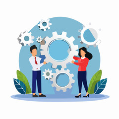 Business integration, partnership to get solution, connection or teamwork, work efficiency, optimization or organization concept, business people team colleagues connecting cogwheel gear togethe
