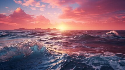 Fototapeta premium Golden hour ocean sunset with dramatic pink clouds, tropical island view, peaceful nature seascape