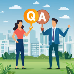Question and answer, Q&A session, FAQ, frequently asked questions, discussion to get solution to solve problem, brainstorm conversation or quiz concept, businessman and woman ask and answer question