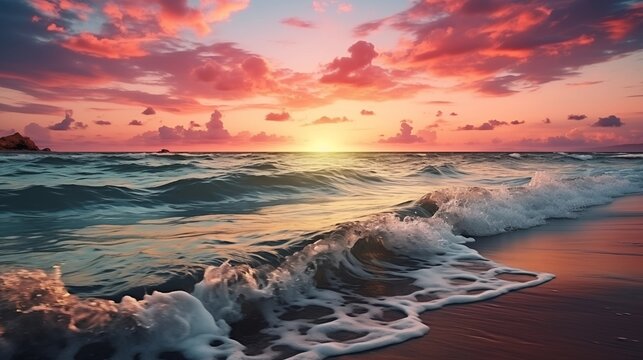 Serene ocean sunset with pink sky and calm waves, summer beach scene, tranquil coastal background