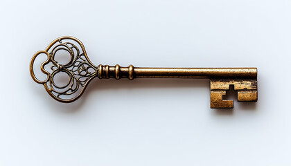 Ornate golden key with intricate details, on a white background, casting a soft shadow