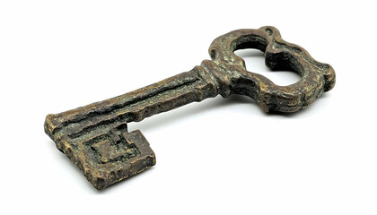 Antique brass key on white background