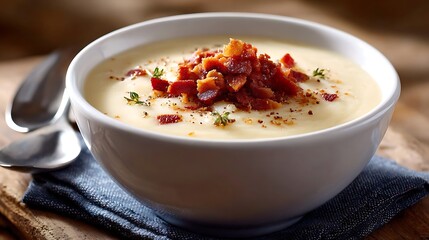 Creamy Soup Topped with Crispy Bacon and Fresh Herbs in a White Bowl