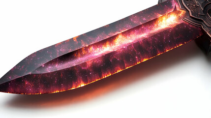 Intricate metal sword with a blade displaying a galaxy pattern against a white backdrop, detailed craftsmanship
