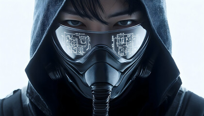 Futuristic figure in a dark hood and intricate mask reflecting circuits, stares intensely against a bright background