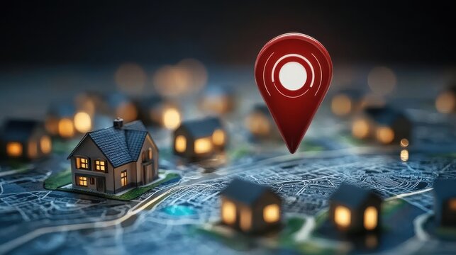 Real estate location concept with GPS pin and house icons, representing property search, map-based home listings, and smart housing navigation.