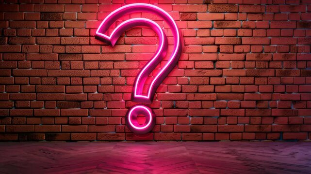 Mystery Unveiled: A luminous neon question mark casts a vibrant glow against a textured brick wall, hinting at intrigue, curiosity, and the allure of unsolved enigmas.