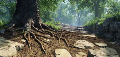 Fototapeta premium A realistic scene focused on tree roots and soil erosion prevention captured with natural lighting and depth.