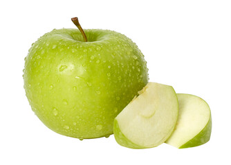 Fresh Green Apple with Water Droplets and Slices Isolated on Transparent Background