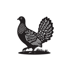 Strutting Grouse Silhouette Vector Art – Bold Forest Game Bird Design with Fanned Tail, Minimalist Black Outline for Rustic Wildlife Themes, Hunting Logos, and Nature Decor
