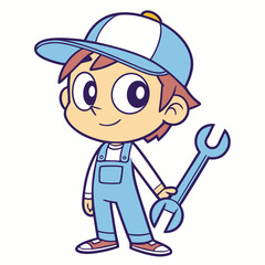Obraz premium Young boy wearing cap and overalls holding a wrench with a smile 