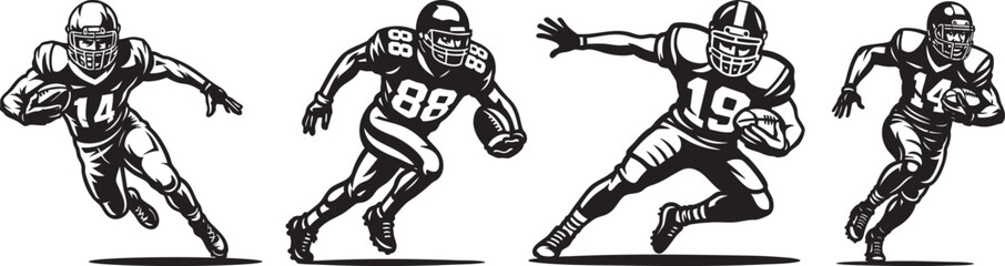 American football action players in dynamic motion vector set for posters, cards, digital marketing, sports event promotions, game illustrations, t-shirts, and merchandise designs