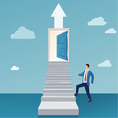 Stairway to new opportunity, success path or open door to career chance, leadership improvement, progress or solving problem concept, businessman open arrow up door to walk up stair to succes