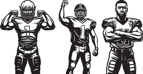 Strong football players vector design in victory pose for posters, apparel, sports promotion, gym decor, game day marketing materials, t-shirt designs, and digital merchandise templates © Meysood