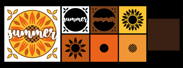 Vector layered paper cut summer design with sunflower. 3D shadow box or tunnel card with flower. Floral template for paper cutting