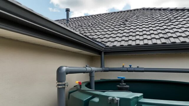 Rainwater harvesting system plumbed into a large, dark-green tank beneath the eaves of a house with a dark grey tiled roof and light beige walls.  Piping and valves are clearly visible