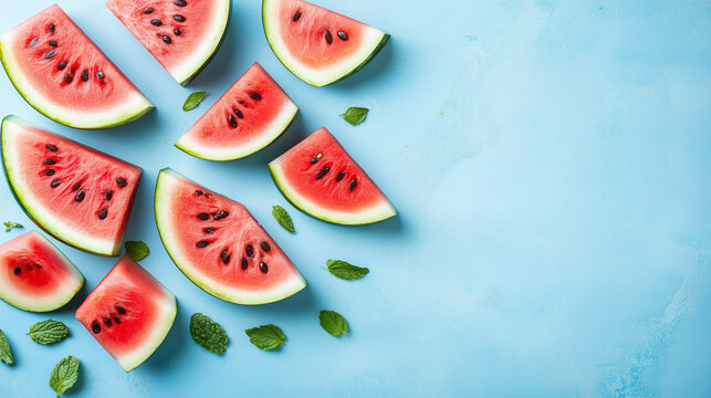 A vibrant summer scene shows a whole and sliced watermelon border on a blue background.