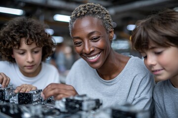 A group of children collaborates with an adult to explore technology, showcasing teamwork and learning in a creative and supportive environment.
