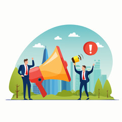 Important announcement, attention or warning information, breaking news or urgent message communication, alert and beware concept, business people announce on megaphone with attention exclamation si