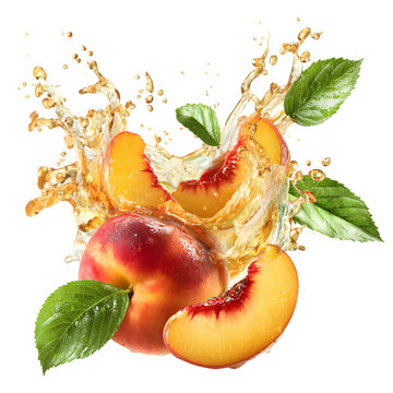 Vibrant peach explosion juicy fruit splash with fresh leaves and water droplets isolated on a black background perfect for food beverage and health concepts