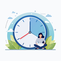 Part-time job, work tracking system, day planning or time management, side hustle or office work deadline, start and end time schedule concept, businesswoman working with laptop on split time cloc