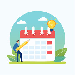 Calendar schedule, event or meeting reminder, date time planning, work deadline or appointment, due date organizer weekly review concept, businessman hold pencil thinking with calendar schedule pla