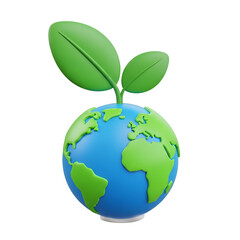 Obraz premium Eco Earth 3D Globe with Growing Green Leaves – Nature Conservation, Organic Planet, Go Green Sustainability Icon on Transparent Background