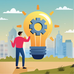 Innovation or product development, idea or solution to solve business problem, invention or technology creation to build new product, efficiency concept, businessman build gear in lightbulb ide