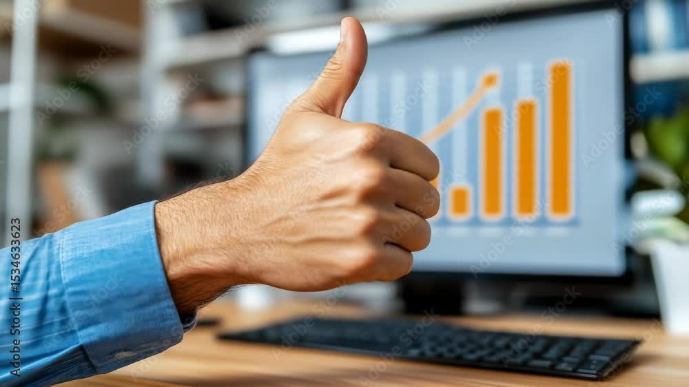 Poster thumbs up hand before a graph on a computer monitor