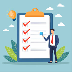 Criteria checklist report, evaluation list, complete checkbox, finish work, to do list or task done, quality assurance control, checkmark concept, businessman put tick on completion checklis