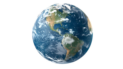 Obraz premium A beautiful detailed satellite view of planet earth showing north and south america surrounded by clouds and azure oceans isolated on white transparent