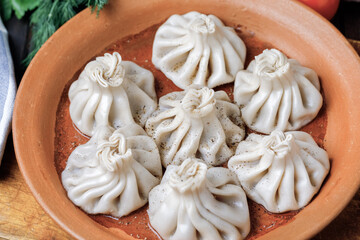 Khinkali with meat georgian cuisine. Top view.