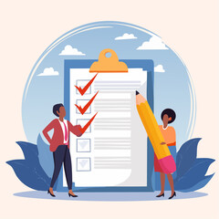 Project Task Completion Checklist, Work Accomplishment with Checkmark, To-Do List Clipboard and Status Report, Business Team Members Holding Pencil to Finalize Tasks