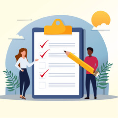 Checklist to complete project task, accomplish work checkmark, todo list clipboard or project status report, plan to finish work concept, business people holding pencil complete task checkbo