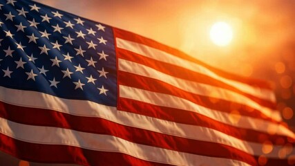 Low-angle shot of the American flag waving against a warm, glowing sunset, creating a patriotic and inspirational video backdrop. Live desktop wallpaper. - Powered by Adobe