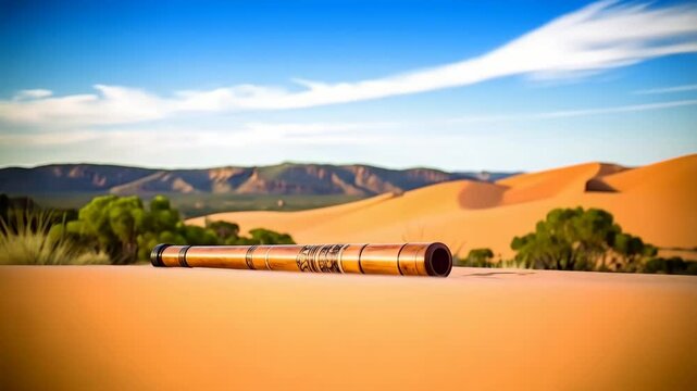 Didgeridoo resting on sand in a desert landscape with dunes, sparse green shrubs, and clear blue skies under a bright sun