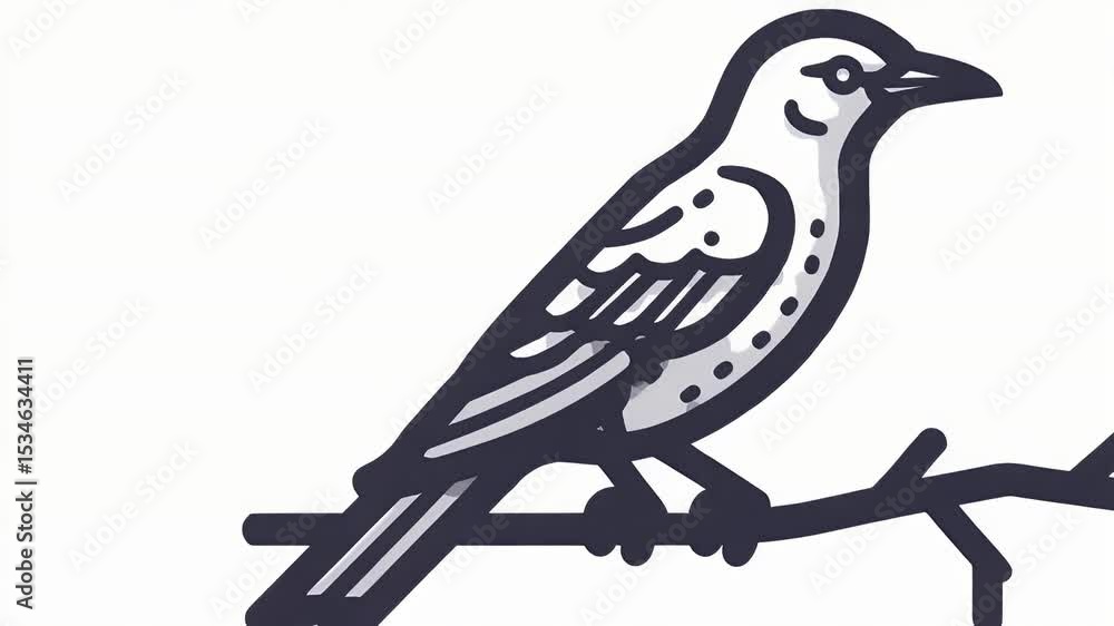 Poster animated bird perched on branch, simple line art style