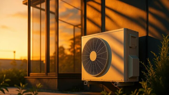 A side-angle view of an outdoor air conditioning unit at sunset, casting long shadows. The video captures the warm, serene ambiance of evening light.