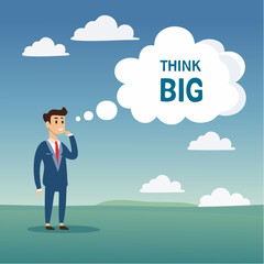Think big, ambition to success, dream big to change the world or contemplation to get solution to solve big problem, imagination or creativity concept, smart businessman thinking with big bubbl