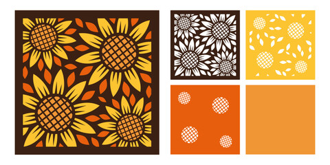 Vector layered paper cut design with sunflowers. Floral 3D shadow box or tunnel card . Summer template for paper cutting with flowers