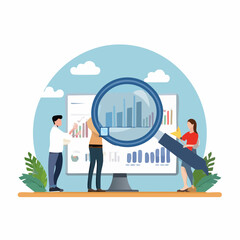 Research analysis, insight information, marketing chart diagram, optimization or analyzing data, intelligence discovery, statistics or examine concept, business people carry magnifying glass analysi