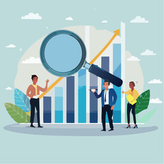 Research analysis, insight information, marketing chart diagram, optimization or analyzing data, intelligence discovery, statistics or examine concept, business people carry magnifying glass analysi