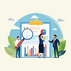 Research analysis, insight information, marketing chart diagram, optimization or analyzing data, intelligence discovery, statistics or examine concept, business people carry magnifying glass analysi