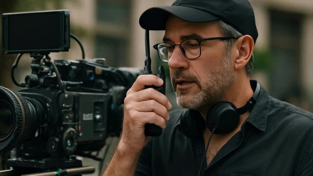 A focused director with headphones and a walkie-talkie stands beside a professional video camera, captured from a medium close-up angle.