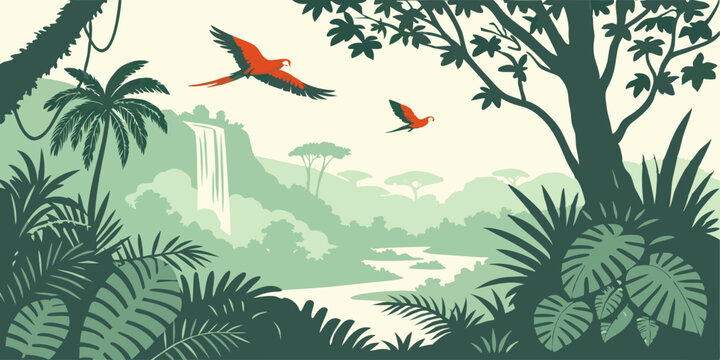 Jungle scene with parrots flying over the jungle landscape and waterfall in the jungle forest scenery design