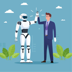 Working together with AI Artificial Intelligence, human cooperate with machine or robot, AI help or support coworker, assistance or partnership concept, businessman hand high five with robot han