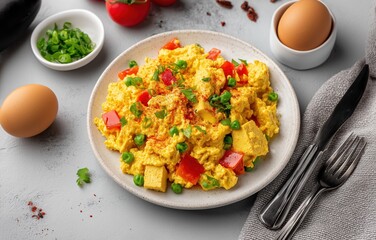 Vibrant vegan tofu scramble on minimalistic plate with fresh vegetables, ideal for a healthy breakfast